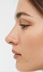 Close Up Profile of a Young Woman with Freckles Against a White Background