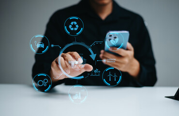 Man using smartphone with interactive eco UI. Clean energy, wind, CO2, EV, and sustainability icons for carbon neutral, green tech