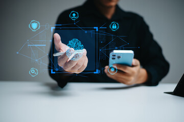 Real person using mobile stylus with fingerprint biometric UI. Cybersecurity, login, privacy,...