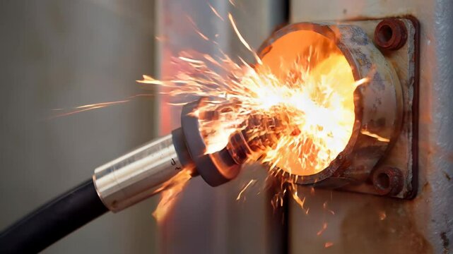 Close-up of high-temperature industrial welding, with vivid orange sparks bursting from the contact between a welding torch and a cylindrical metal surface.