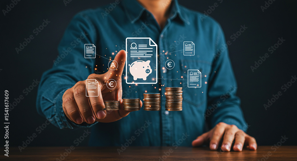 Aufkleber a person interacting with a digital display of coins, documents and a piggy bank icon image