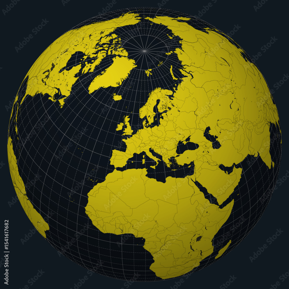 Poster liechtenstein highlighted on a globe with a charcoal bright yellow color palette. the globe features