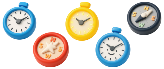 Playful 3D clocks and compass icons in bright colors on transparent background