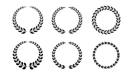 Laurel wreath icon set PNG. Black silhouette circular leaf frames for awards, medals, trophies, badges. Elegant foliate symbols of victory and achievement.