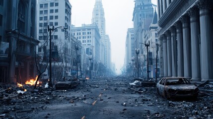 Abandoned cityscape after disaster, showcasing burnt cars and desolate streets amidst smoke