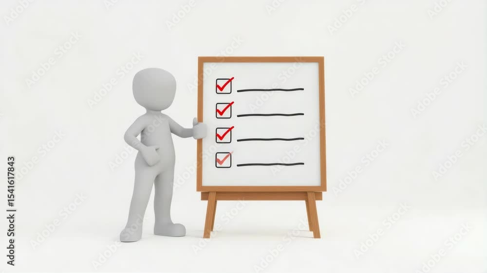 Poster a 3d figure points at a checklist on a stand, with three checkboxes marked and one left blank on a w