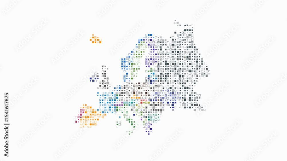 Poster europe dotted animation. shape of the continent build of pulsating colored dots. small size square b