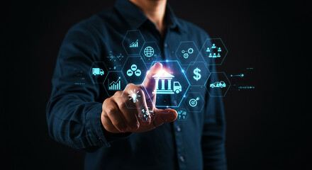 Digital banking and FinTech concept. Man touches a glowing bank icon on a virtual interface with financial and business symbols for online investment.