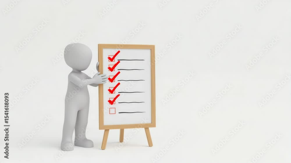 Poster a 3d figure stands beside a checklist board with most boxes checked off and one box left blank.