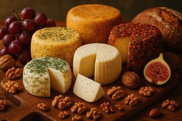 The still life shows different types of cheese on a wooden board: orange, yellow and cut with greens. The composition is complemented by grapes, figs, walnuts and bread.