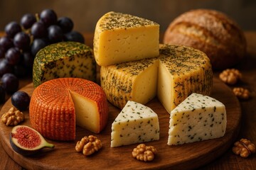 The still life shows different types of cheese on a wooden board: orange, yellow and cut with greens. The composition is complemented by grapes, figs, walnuts and bread.