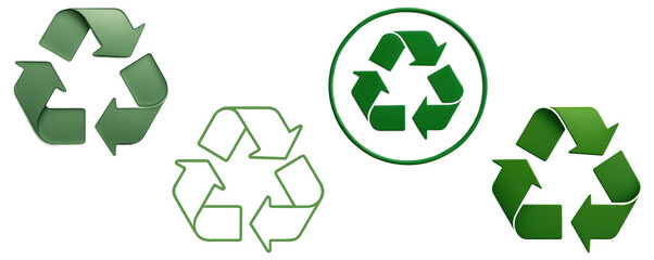 Obraz premium Set of green 3D recycle icons in different styles including wireframe, glossy, and flat