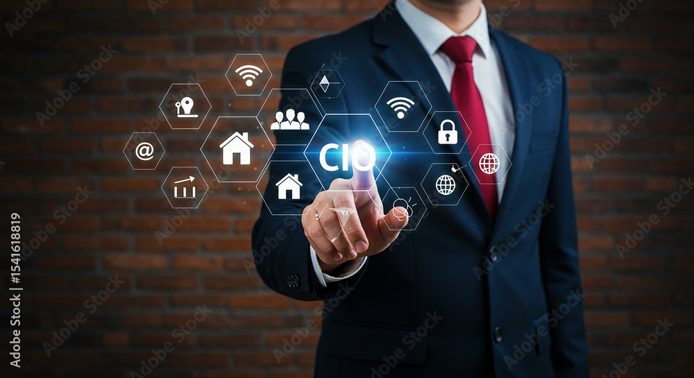 Poster man in suit interacting with digital cio interface on a dark wooden background with icons around