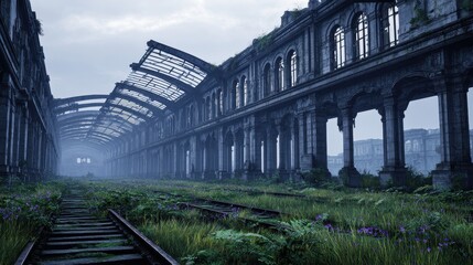 Fototapeta premium Abandoned railway station overgrown with plants, showcasing decaying architecture and nature