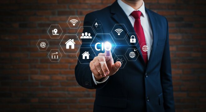Man in suit interacting with digital cio interface on a dark wooden background with icons around