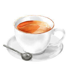 A cup of hot tea on a saucer with a spoon. Watercolor illustration. Tea in a white porcelain mug, isolated on a white background. A theme for cafes, restaurants, culinary menus, textiles and printing.