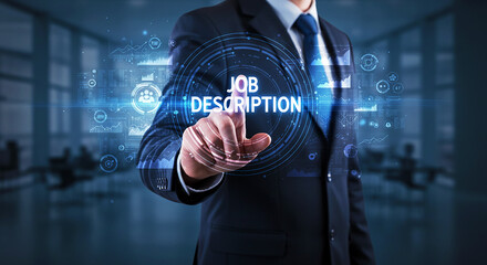 Businessman touching 'Job Description' on holographic screen. HR, recruitment, and business technology concept.
