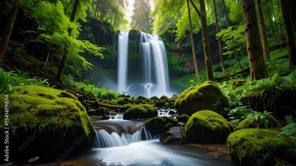 Poster cascading waterfall flows through lush green forest over mossy rocks and a stream, creating a peacef