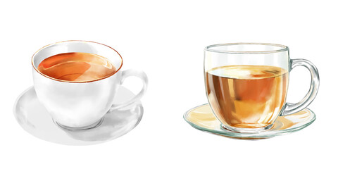 Naklejka premium A cup of hot tea on saucer. Watercolor illustration. Tea set, porcelain and transparent glass mugs,insulated on white background. A theme for cafes, restaurants, menus, cooking, textiles and printing.