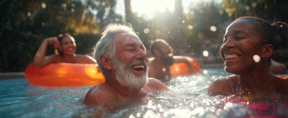 The joyful moments of friends enjoying a sunny day at the pool.