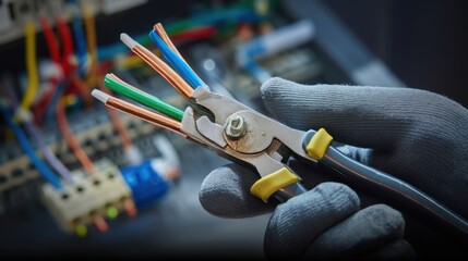 The tools of an electrician showcasing pliers and colorful wiring in action.