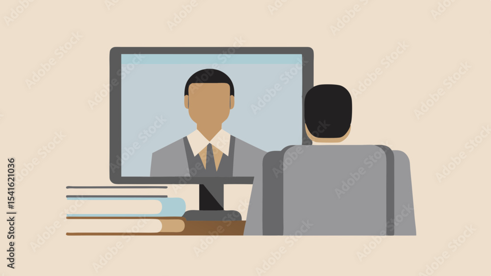 Aufkleber person having a video conference call with another person on a computer with books on the table top