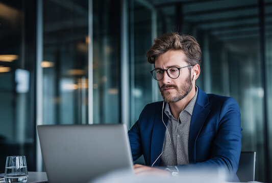 A cheerful businessman in a modern corporate office, working on a laptop, seated at a sleek desk, dark glass walls and ambient lighting in the background