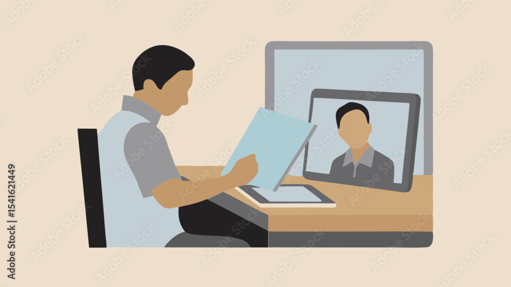 Aufkleber illustration of a man reviewing documents during a video call on a tablet device at a desk setup