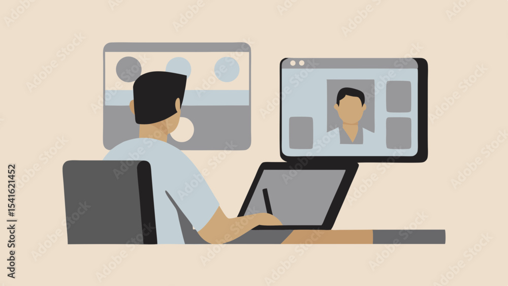 Poster person working on a laptop with a video call and design software open on the screen at the same time
