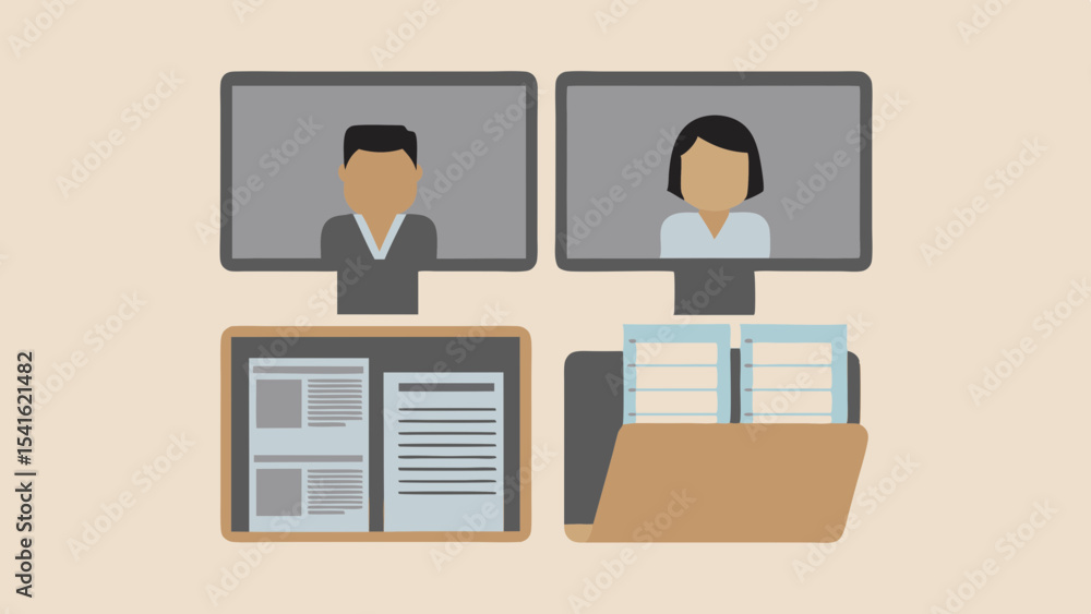 Poster illustration of two people on computer screens with documents and folders on a light background