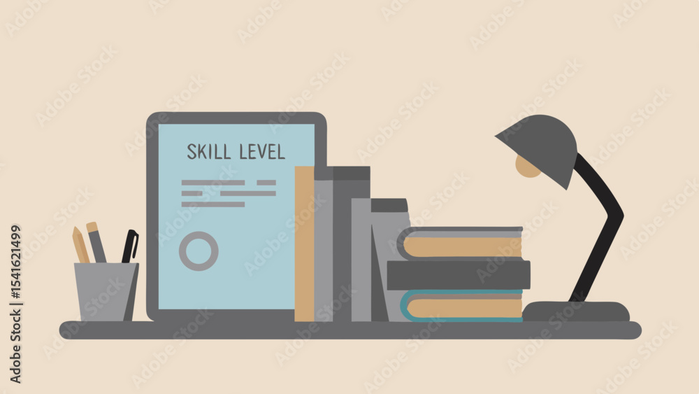 Poster illustration of a desk with a tablet displaying skill level next to books and a lamp on a light brow