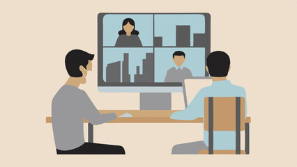 Two people in a video conference call with two other people on a desktop computer screen at a desk