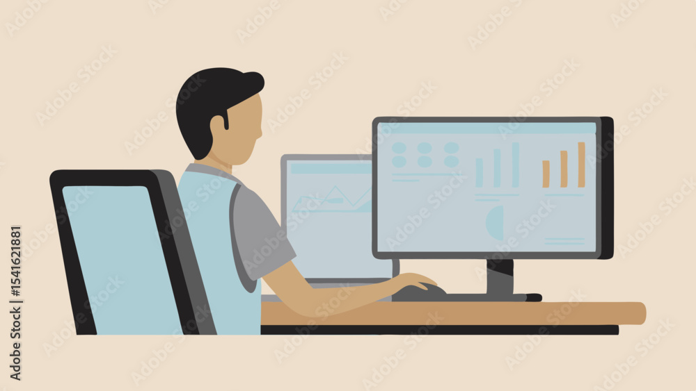 Poster illustration of a person working at a desk with two computer monitors displaying information