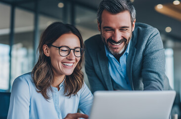 Two smiling professional business man and woman, sitting together at a desk in a modern industrial-style office, collaborating and looking at a laptop screen