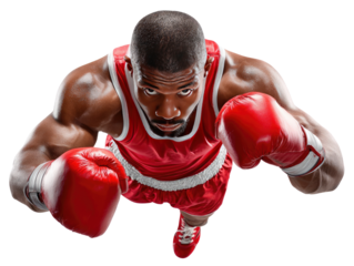 Fighter's Focus: A determined boxer, clad in vibrant red, prepares for battle, captured in a dynamic overhead perspective that intensifies the scene's energy and determination.