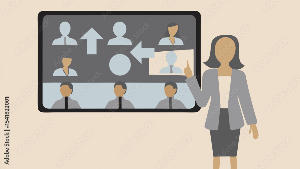 Poster woman presenting a team structure with arrows and circles on a screen in a business presentation set
