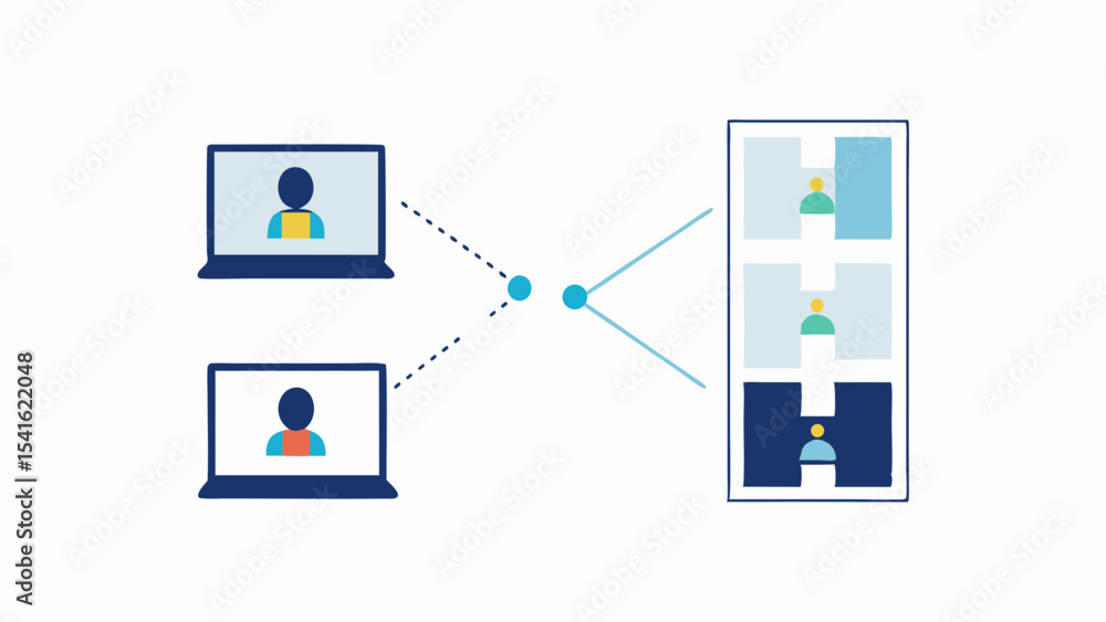 Poster two laptops connected to a server with three people in a video conference call displayed on the serv