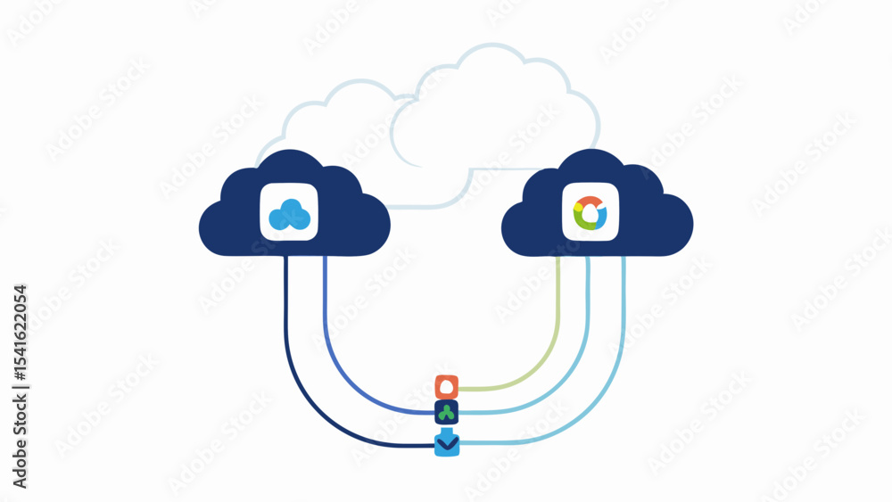 Aufkleber illustration of cloud services connecting with data flow and cloud storage icons displayed clearly