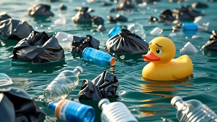 海洋投棄されたプラスチックごみに囲まれるラバーダック