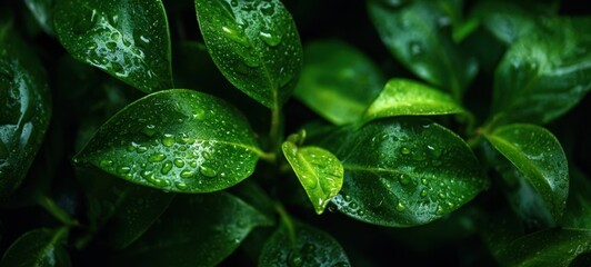 The lush green leaves glistening with water droplets in soft natural light.