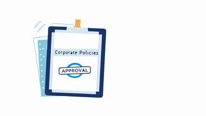 Illustration of corporate policies document with approval stamp on a clipboard with papers