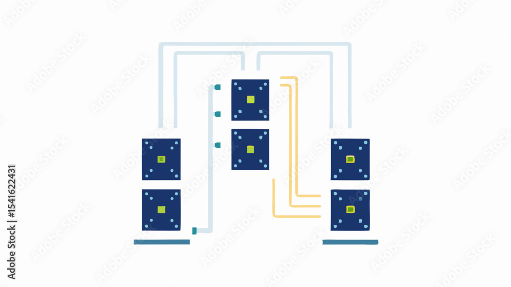 Aufkleber illustration of a network setup with servers and connections in a minimalist style design layout