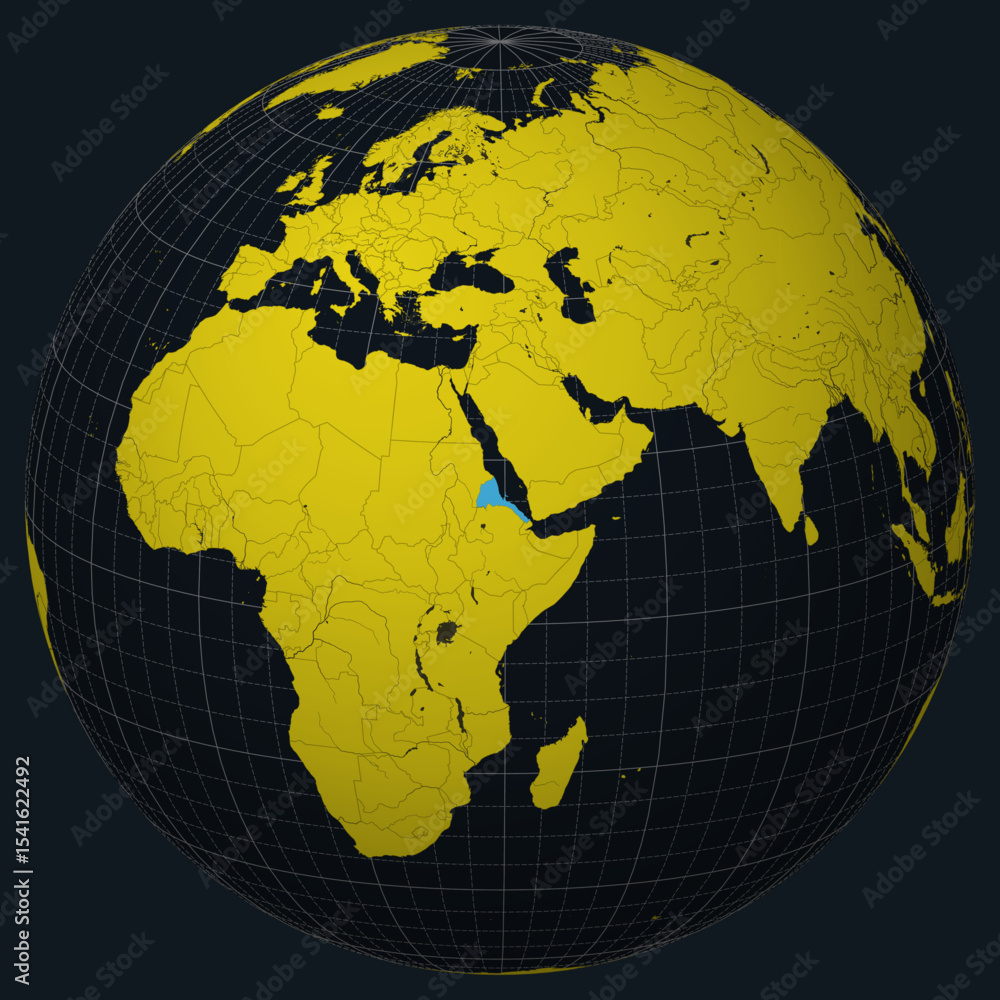 Poster state of eritrea on a globe. country view on the world map in a charcoal bright yellow color palette