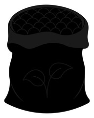 A bag of soil. Peat for seedlings in a dark bag. Silhouette. Vector illustration. Isolated white background. On the label is an outline of a sprout. Cartoon. Idea for web design.