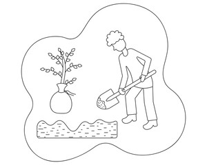 Man planting a tree. Sketch. Digging the ground with a shovel. Young bush for planting, wrapped in a canvas bag. Vector illustration. Outline on an isolated white background. Doodle style. Coloring.