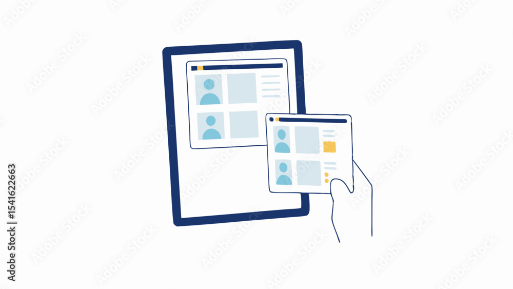 Poster illustration of a hand holding a tablet showing a user interface next to a larger tablet display