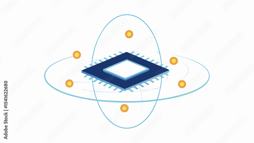 Poster isometric view of a blue and white computer chip surrounded by orbits and small yellow spheres desig