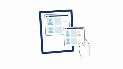 Illustration of a hand holding a tablet showing a user interface next to a larger tablet display