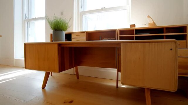 Light-colored wooden desk with built-in storage