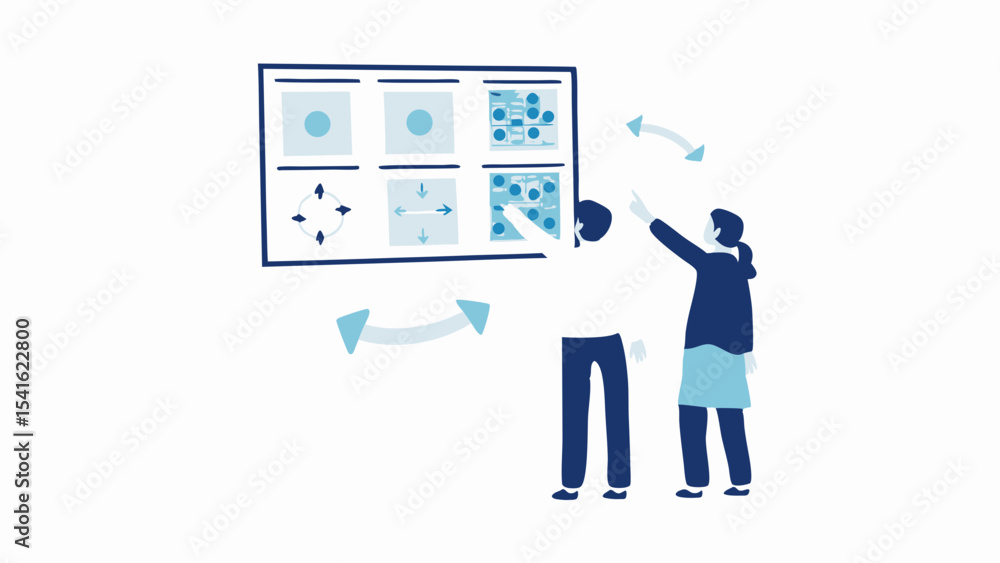 Aufkleber two individuals pointing at a diagram board with various graphical representations and curved arrows
